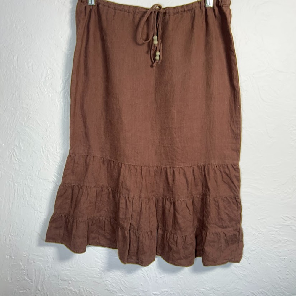 VTG Merona A-Line Linen Skirt Sz 6 Chocolate Brown Tiered Ruffle Hem Drawstring